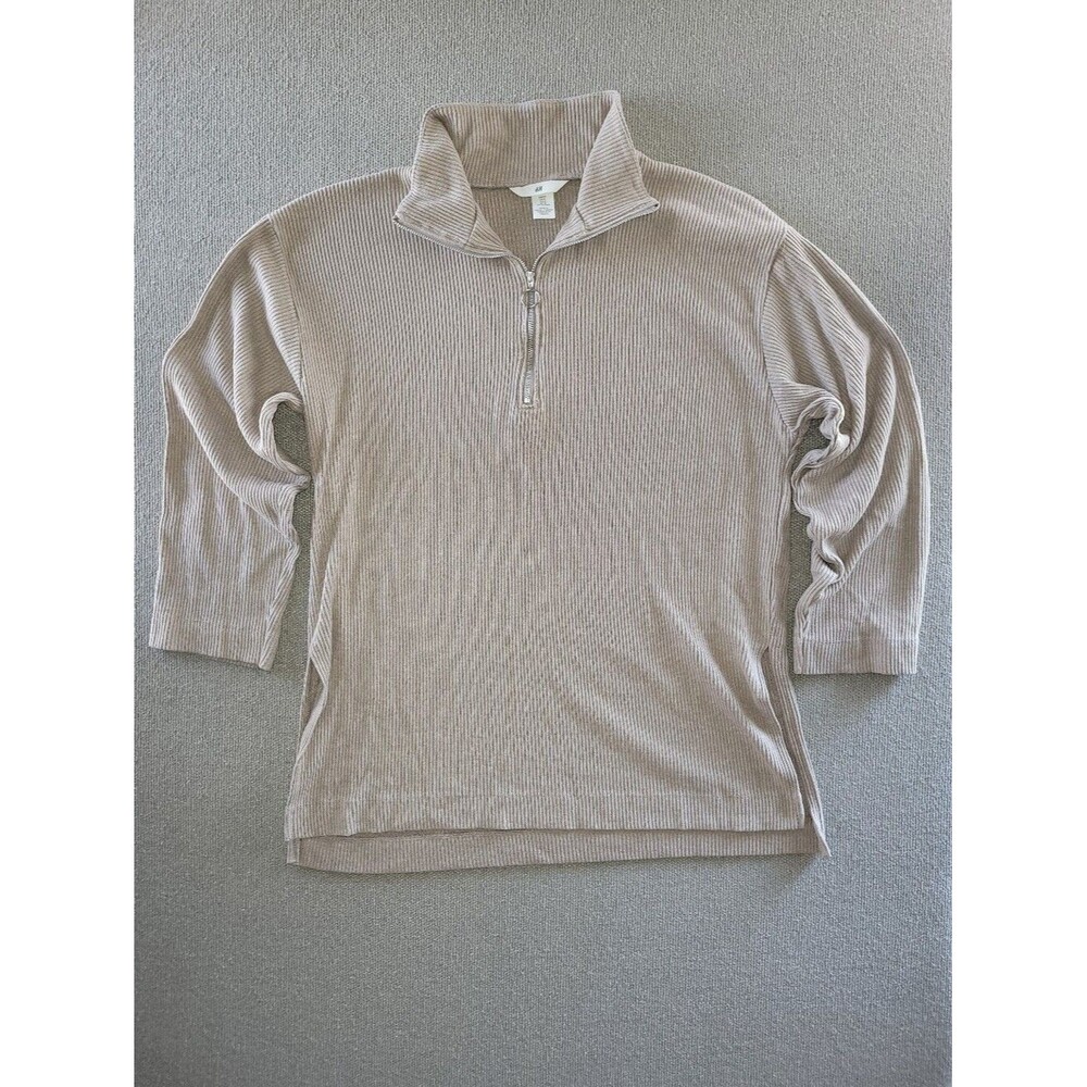 H&M Size Medium Tan Ribbed Half-Zip Pullover Polo Sweater